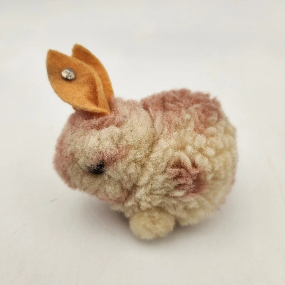 Vintage Steiff Pink Cream Wool Pompon Bunny Rabbit Miniature Metal Button Ear